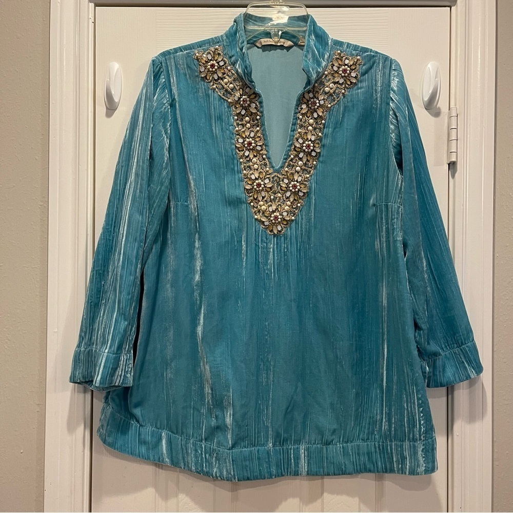 Soft Surroundings Tunic Blouse Women's Sz Med Teal Velvet Embellished Bohemian